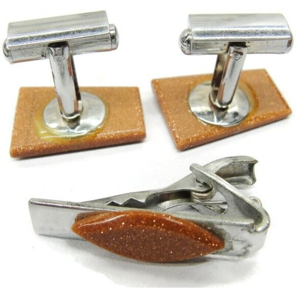 Cufflinks Silver Tone Copper Glitter Set Neck Tie Clip Tux Shirt Dress Suit Vtg - Picture 7 of 7